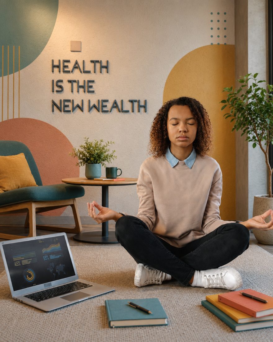 A calm workplace wellness space with the words Health is the New Wealth